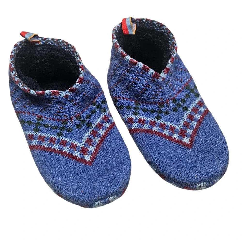 Bombas Gripper Slippers Youth 1-5 Blue Fair Isle Knit Non-Slip House‎ Shoes Cozy